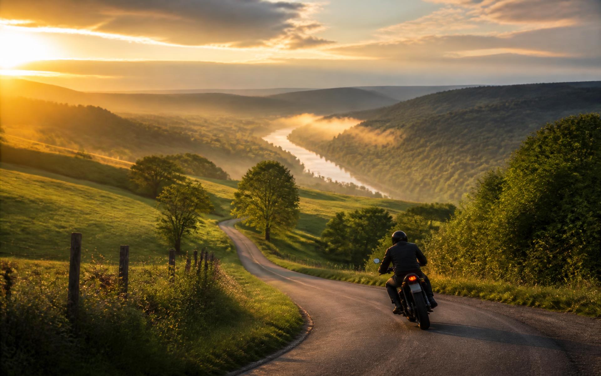 Motard sur une route de la Meuse au coucher du soleil